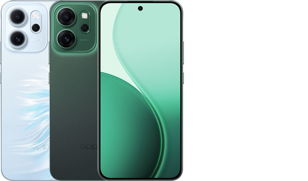 Oppo reno 14 fs back front blue green disine