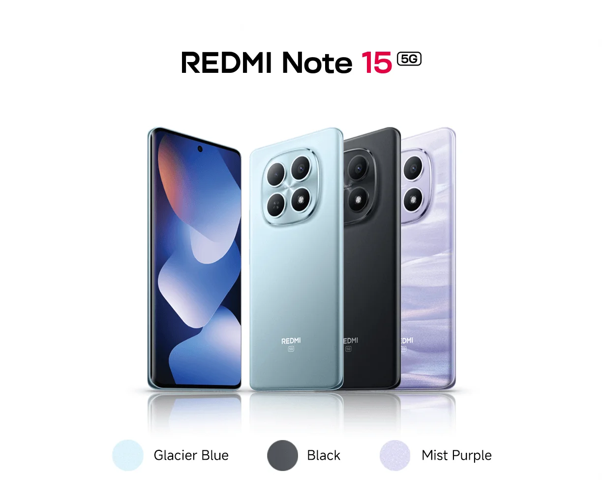 Redmi Note 15 front back and blue,black purple image 